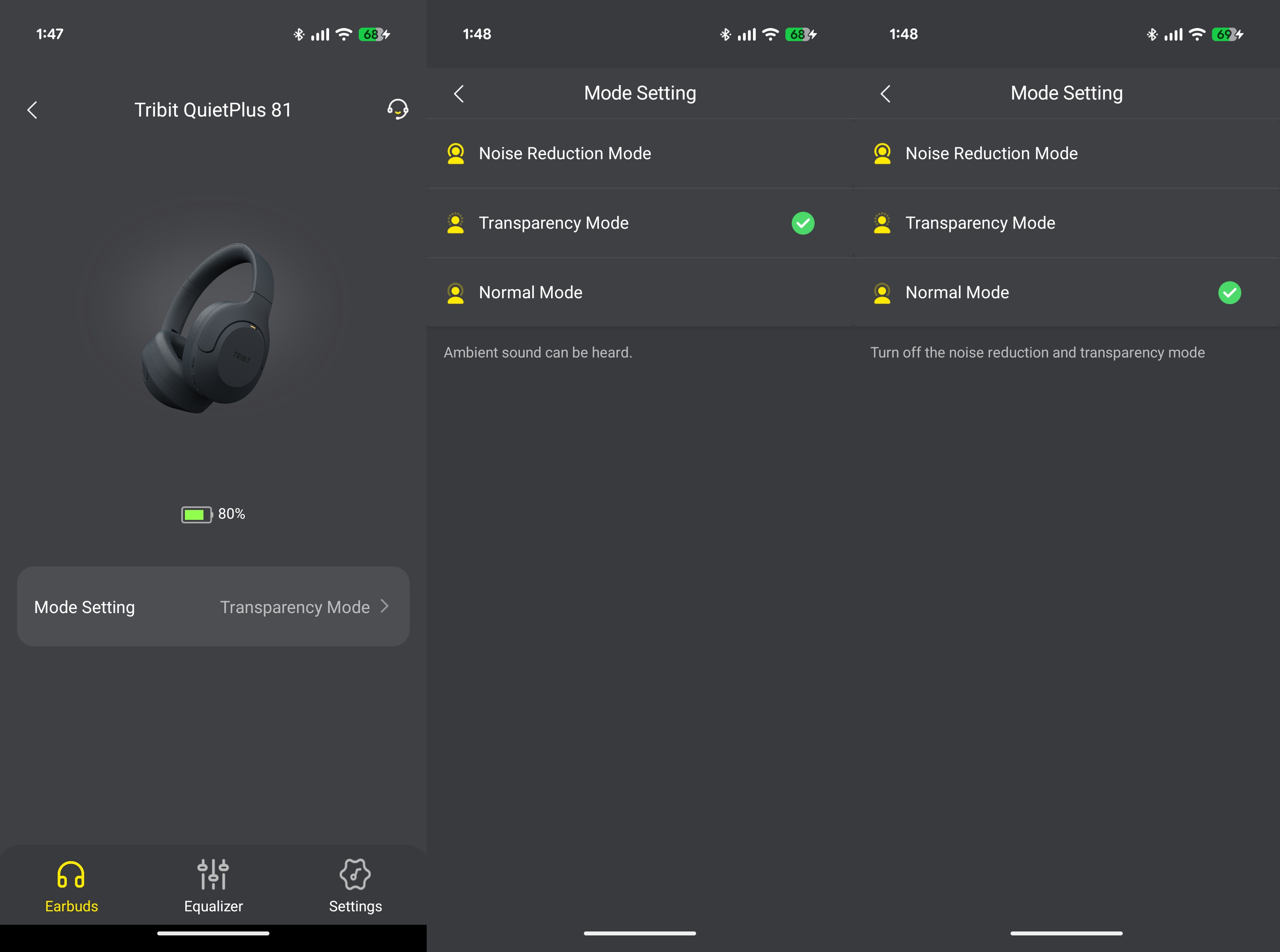 Tribit QuietPlus 81 Over-Ear Headphones app screenshots