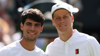 LONDON, ENGLAND - JULY 13: Carlos Alcaraz of Spain and Jannik Sinner of Italy pose for a photo at the net prior to the Gentleman's Singles Final on day fourteen of The Championships Wimbledon 2025 at All England Lawn Tennis and Croquet Club on July 13, 2025 in London, England. (Photo by Julian Finney/Getty Images)