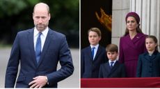 A composite of a picture of Prince William attending the launch of the Global Humanitarian Memorial and a picture of the Princess of Wales, Prince George, Charlotte and Louis on the Buckingham Palace balcony