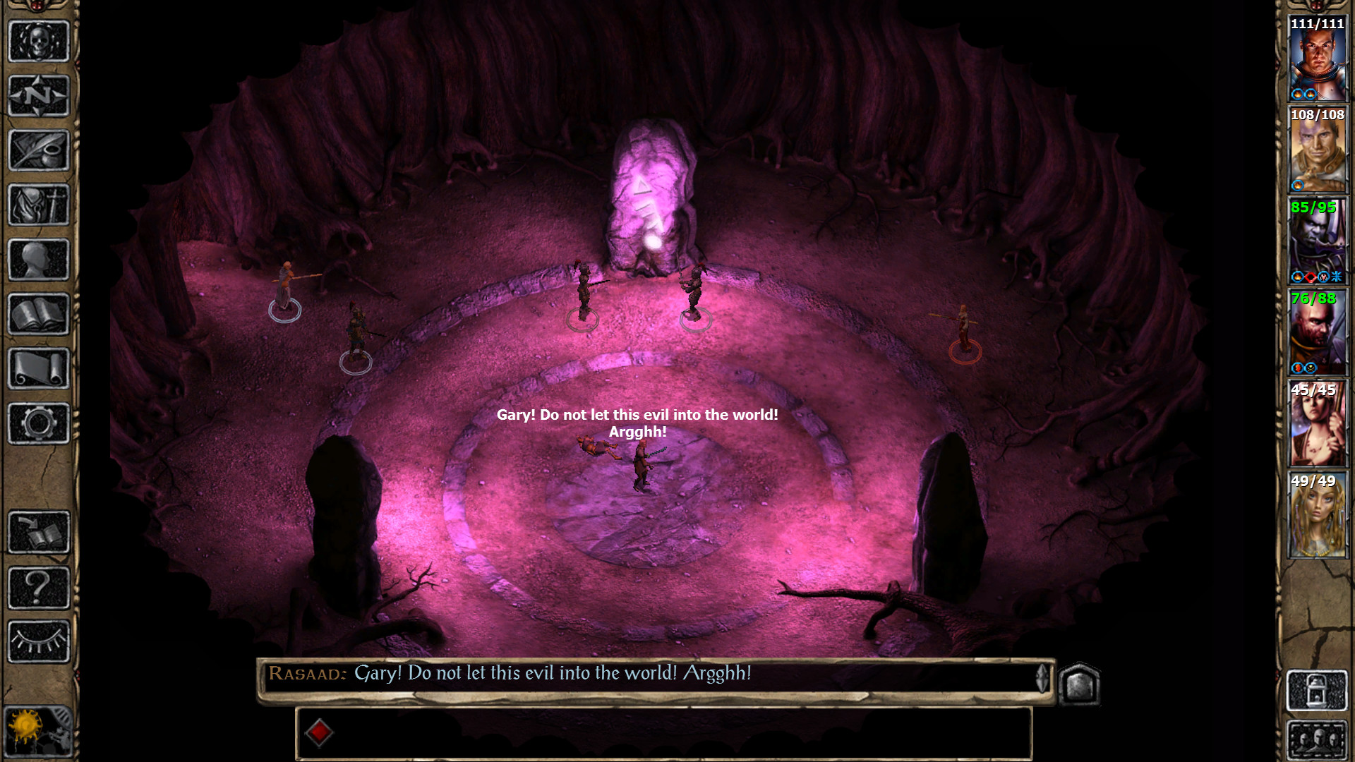 A character stands in the middle of a stone circle and beseeches another figure called Gary not to let evil into the world in Baldur's Gate 2