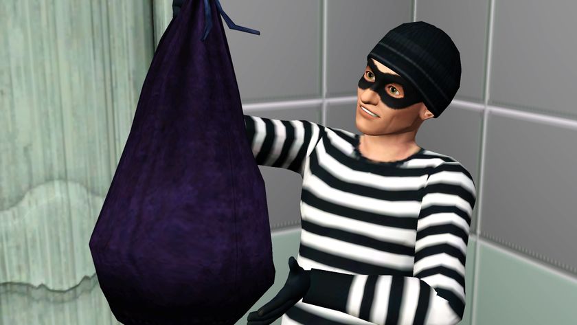 A masked burglar holds up a bag full of stolen goods