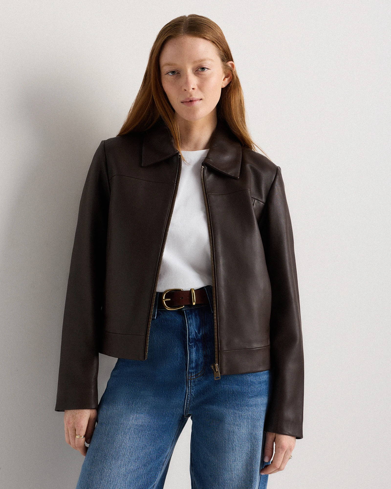 100% Leather Cropped Zip-Front Jacket in Rich Brown, Size Xs