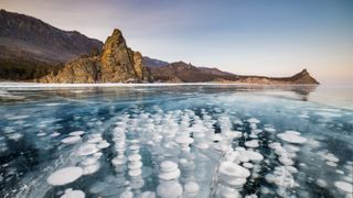 Bubbles freeze over in Lake Baikal during the winters in southern Siberia.
