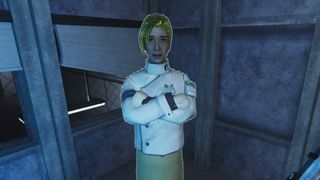 A scientist in Abiotic Factor with her arms crossed, staring at the screen. She's wearing a white lab coat in a sort of messy room.