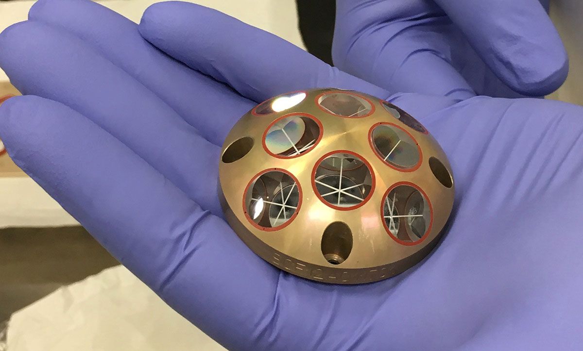 A &quot;microreflector&quot; retroreflector that is currently on its way to the lunar surface. 