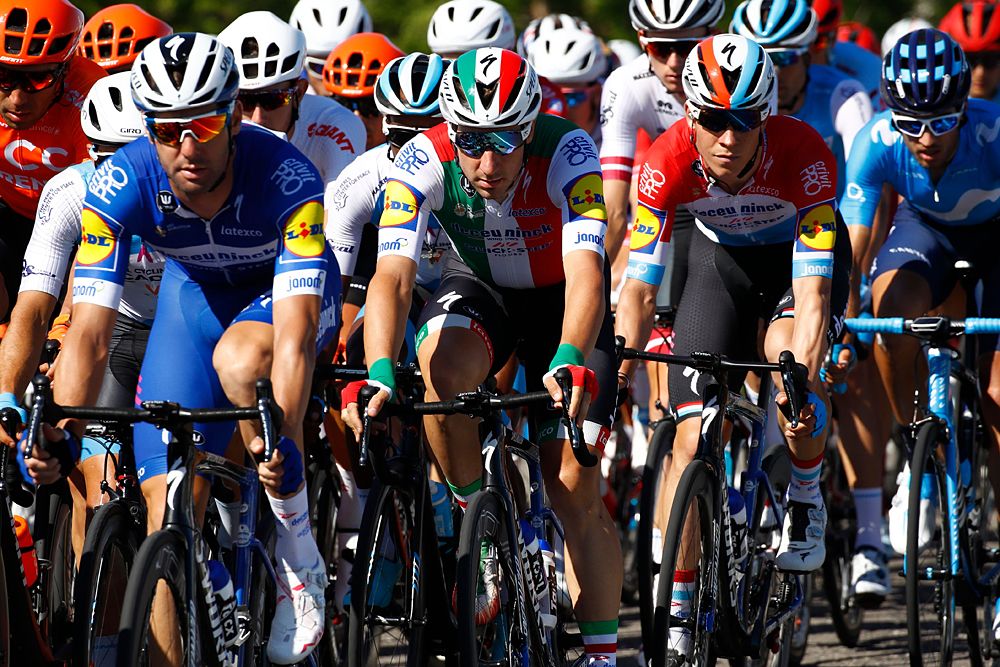 Italian champion Elia Viviani (Deceuninck-QuickStep) sits in the bunch during stage 11 at the Giro d'Italia