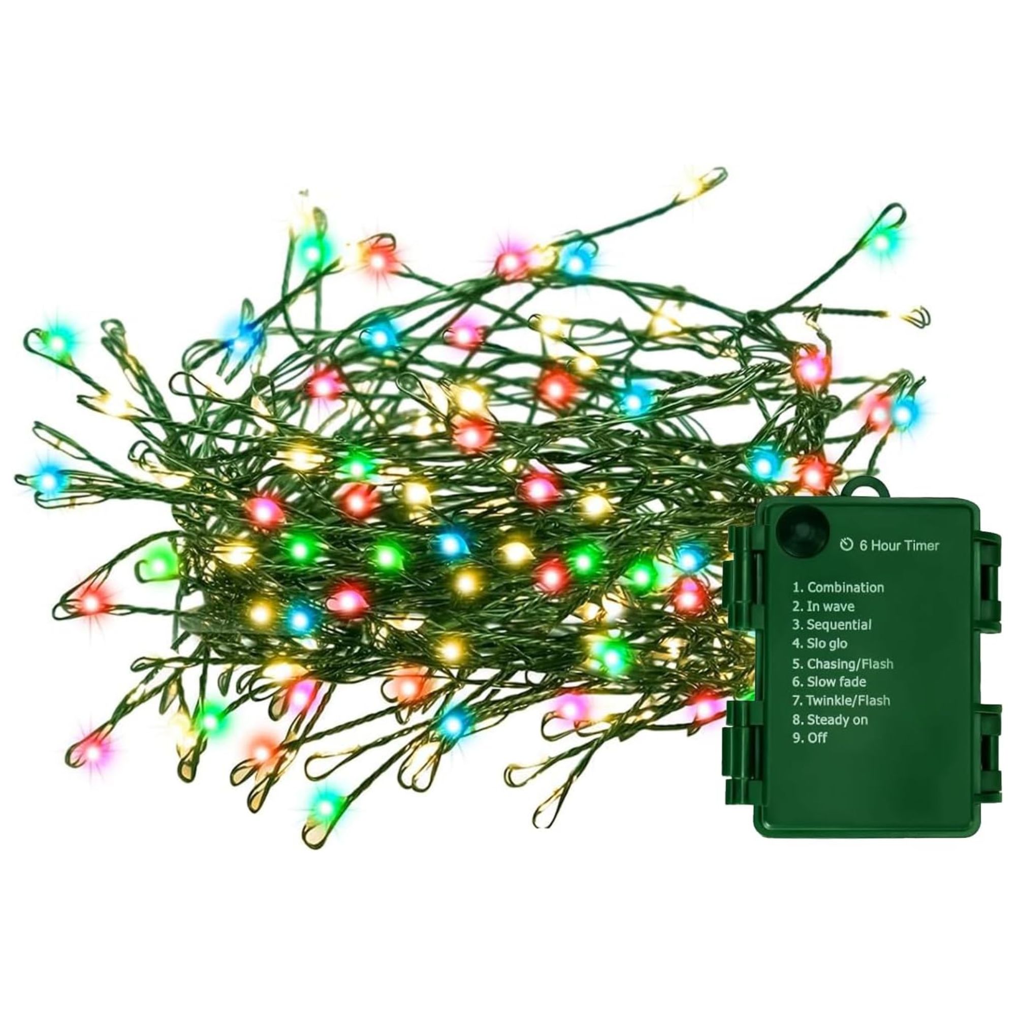 Multicolor battery-powered string lights with green cord
