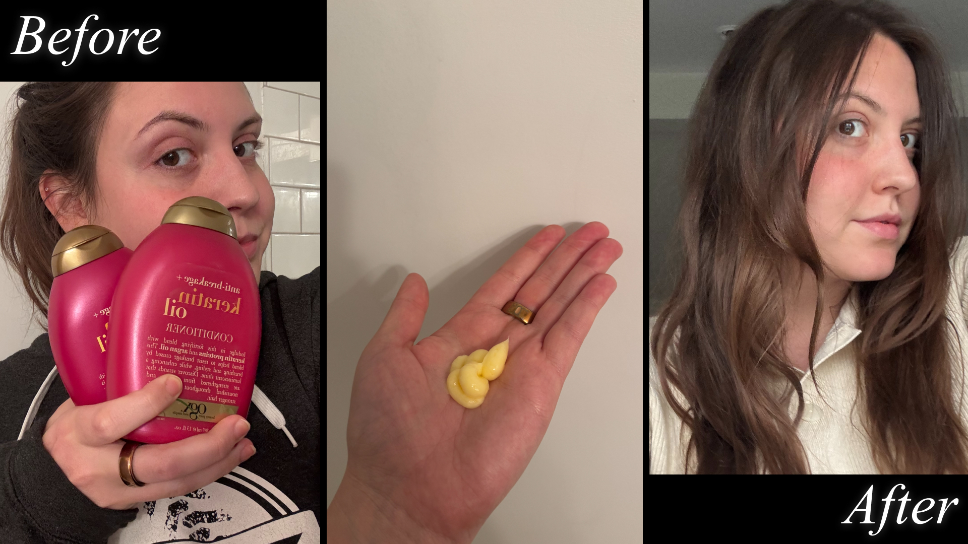 Sophia Vilensky before and after testing OGX's at-home keratin shampoo and conditioner, plus a photo of the conditioner's texture in her open palm.