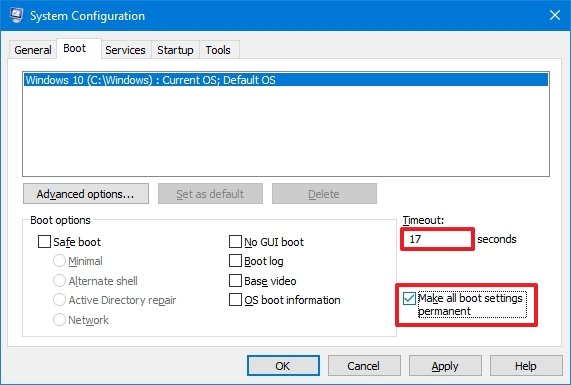 System Configuration change boot menu timeout