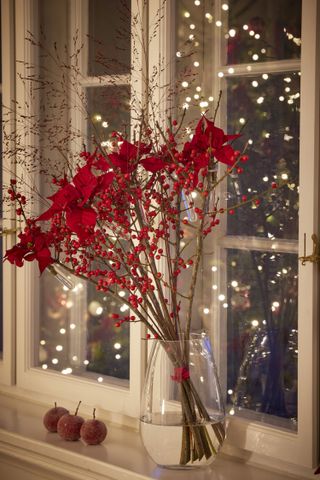A glass vase of red flowers on a windowsill next to a window