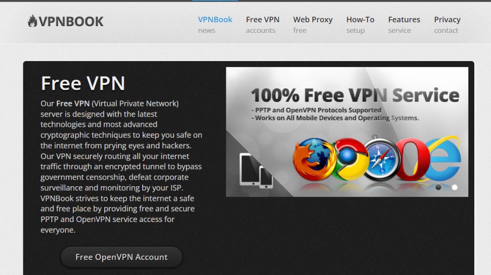 Website screenshot of VPNBook (August, 2025)