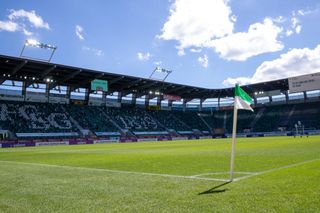 A general view of the stadium during COVID-19 measures, where only 1000 people are allowed into the stadium during the Swiss Raiffeisen Super League match between FC St.Gallen and FC Sion at Kybunpark on July 5, 2020 in St Gallen, Switzerland.