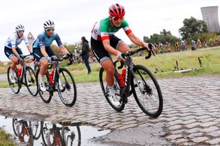 ROUBAIX FRANCE OCTOBER 02 LR Audrey CordonRagot of France and Elisa Longo Borghini of Italy and Team Trek Segafredo compete through Hornaing Wandignies cobblestones sector during the 1st ParisRoubaix 2021 Womens Elite a 1164km race from Denain to Roubaix ParisRoubaixFemmes ParisRoubaix on October 02 2021 in Roubaix France Photo by Bas CzerwinskiGetty Images