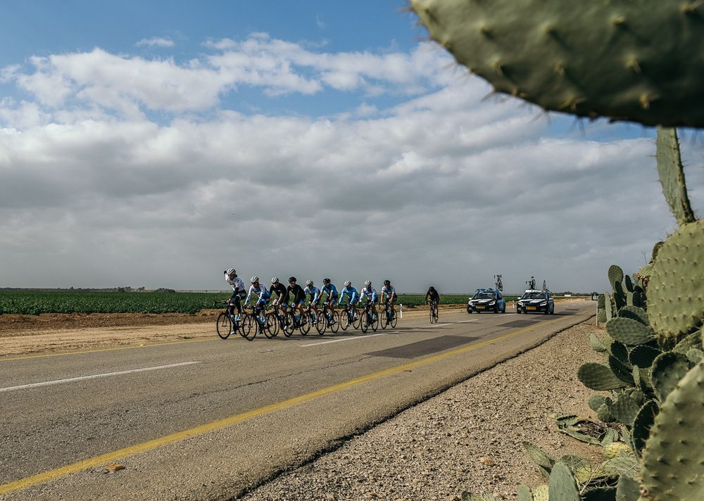 A cactus is the only spectator for this Israel Cycling Academy ride in the Negev Desert