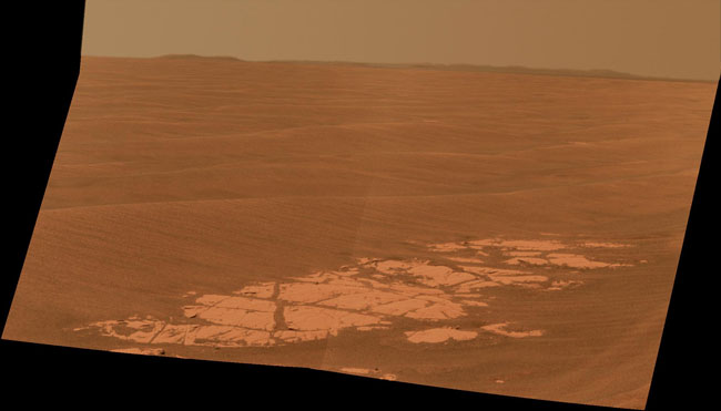 Image from NASA’s Mars Rover Opportunity panoramic camera capturing the rim of Endeavour crater on Mars.