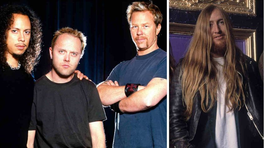 Metallica and Kyuss bassist Scott Reeder posing for photographs