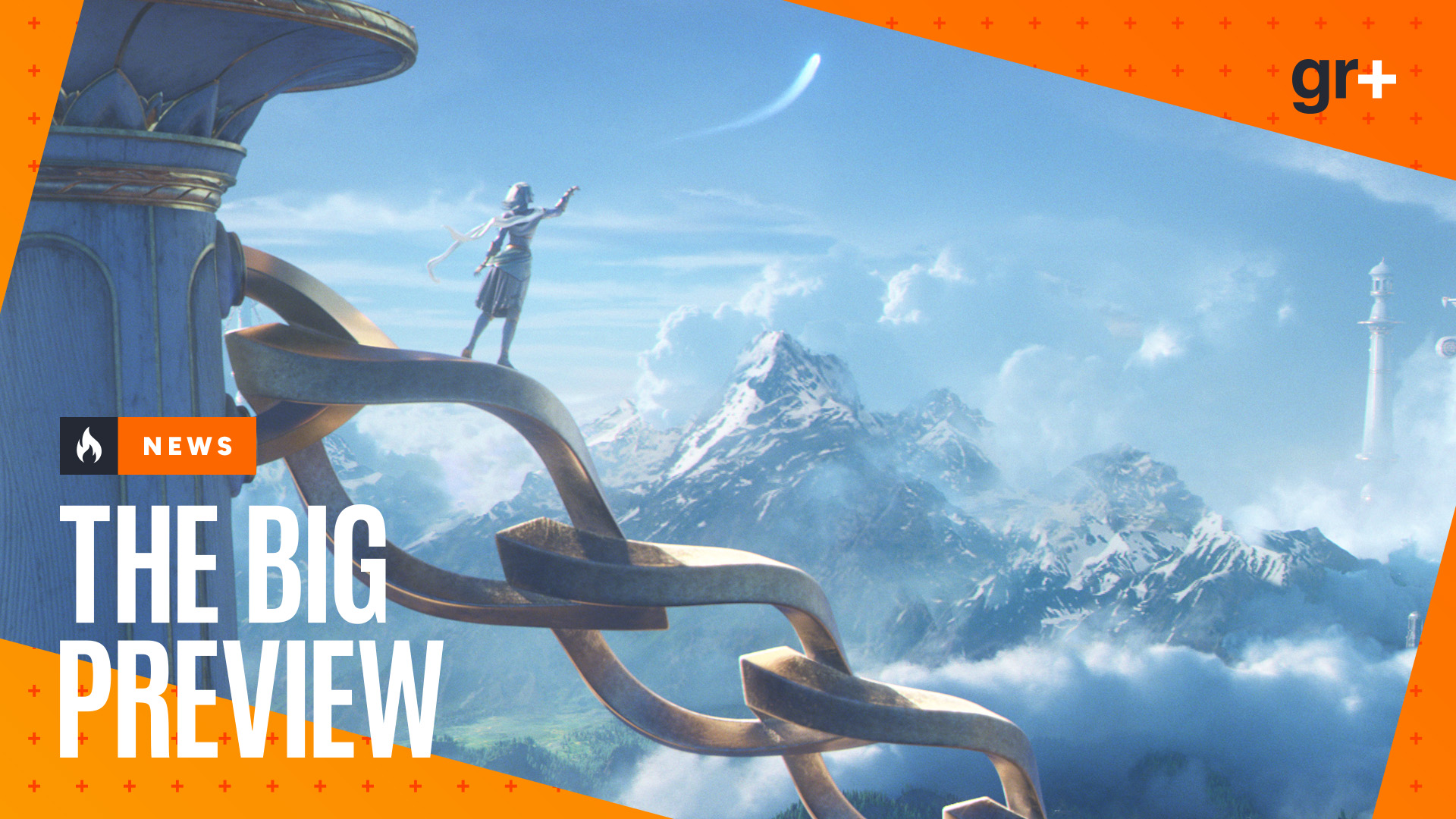 A Skyborne - a blue-skinned elf-like being - stands on a chain high in the sky as they release a blue wisp into the air in World of Warcraft: Forever, with the GamesRadar+ Big Preview frame