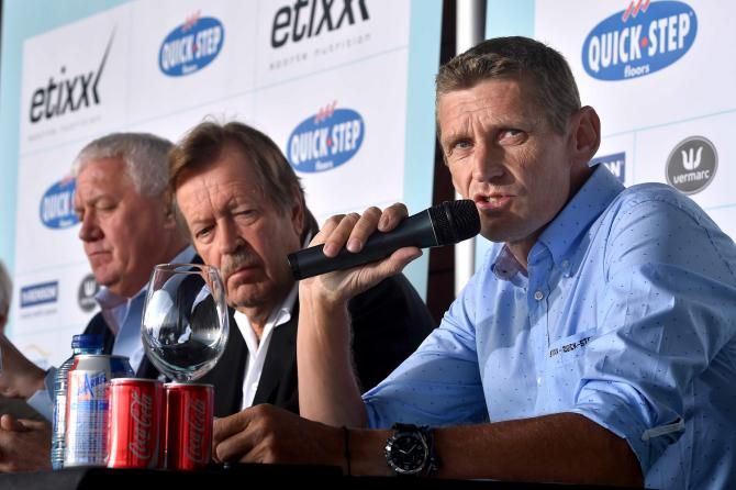 Etixx-QuickStep team management talk with the press in Calpe, Spain.