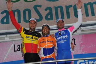Tom Boonen (2nd, Quick Step), Oscar Freire (1st, Rabobank) and Alessandro Petacchi (3rd, Lampre-Farnese Vini)