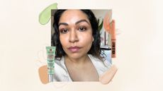 Aleesha wearing colour corrector, with Erborian CC Red Correct, NYX peach Pro Fix stick and product swatches bordering the image