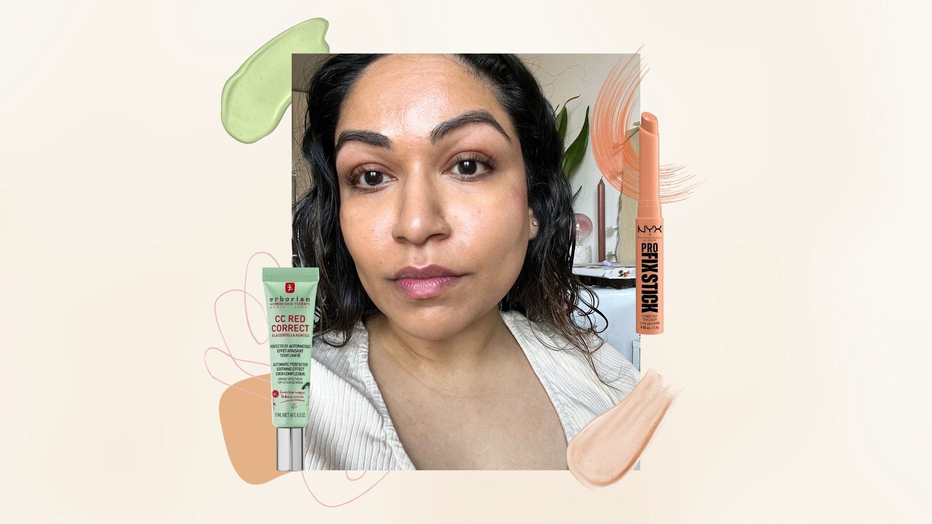 Aleesha wearing colour corrector, with Erborian CC Red Correct, NYX peach Pro Fix stick and product swatches bordering the image