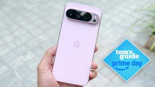 Pixel 9 Pro XL held in the hand with Prime Day badge.
