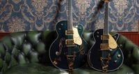 Gretsch G6136TG-58 Limited Edition 1958 Custom Falcon and G6134TG-58 Limited Edition 1958 Custom Penguin with Bigsby, photographed on a green leather couch,