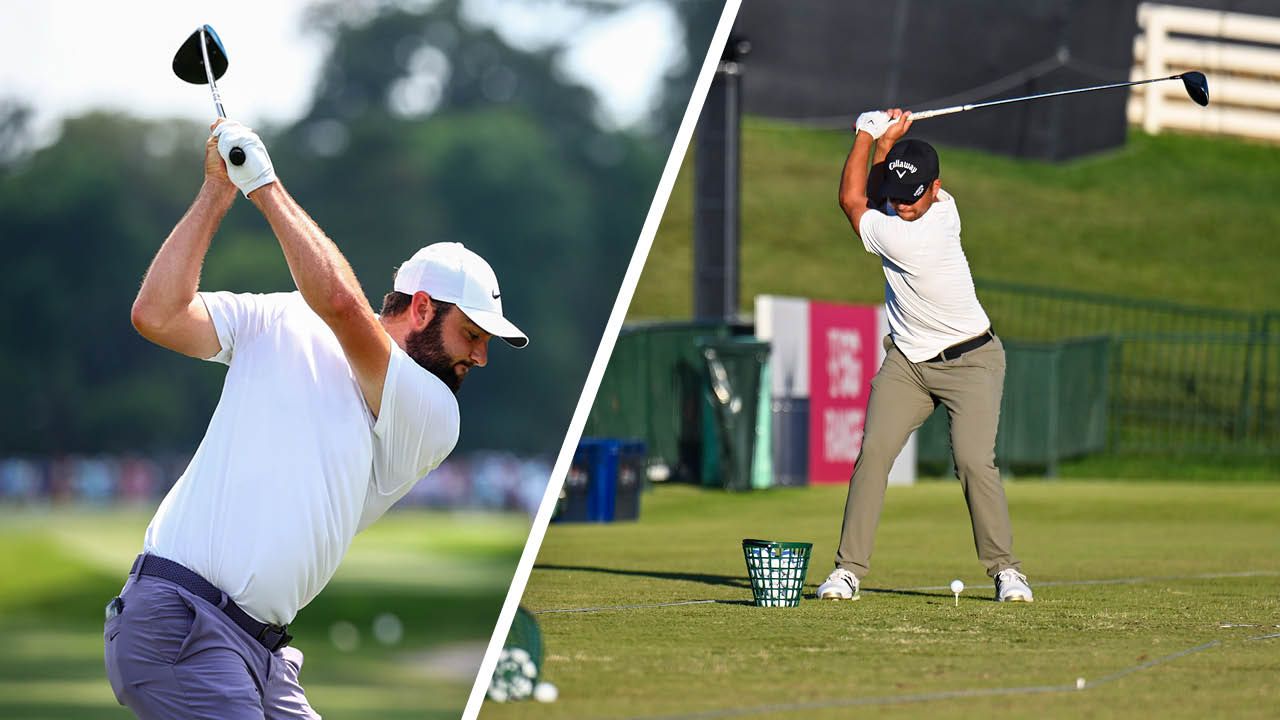 Xander Schauffele practicing his driving on the range and Scottie Scheffler hitting a driver off the tee