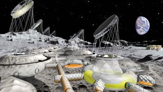 An illustration showing inflatable ringed bases on the surface of the moon, with wires poking out of the top attached to satellite dishes with the Earth in the background 