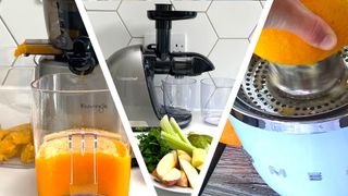 Three juicers being used to prepare fresh fruit juice