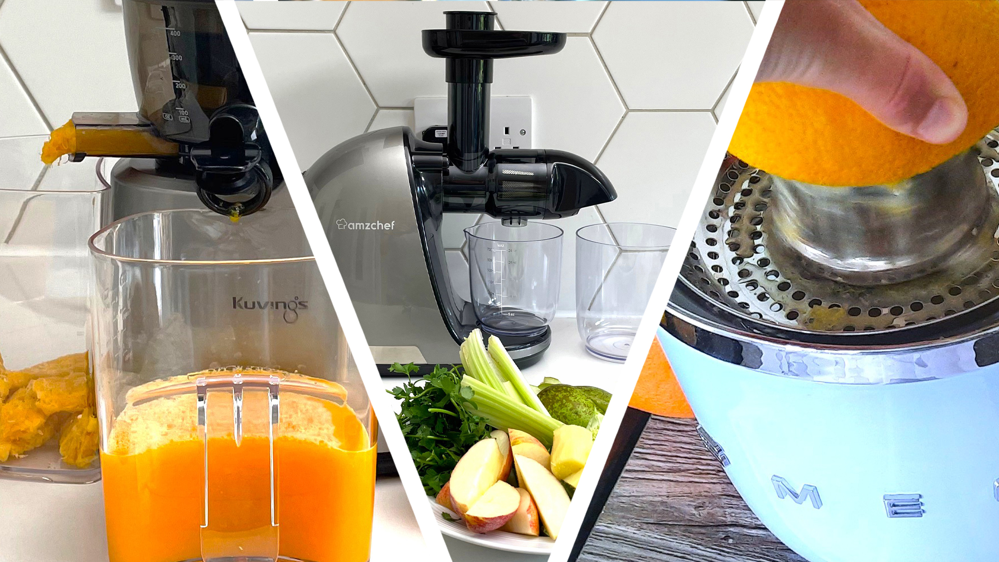 Three juicers being used to prepare fresh fruit juice