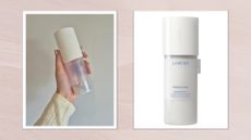 On the left, is a close-up of Digital Beauty Writer, Naomi Jamieson holding up an almost empty bottle of the LANEIGE Cream Skin Cerapeptide Toner and Moisturiser, alongside a product shot of the toner, on a white background/ both featured in a pastel pink template