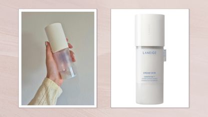 On the left, is a close-up of Digital Beauty Writer, Naomi Jamieson holding up an almost empty bottle of the LANEIGE Cream Skin Cerapeptide Toner and Moisturiser, alongside a product shot of the toner, on a white background/ both featured in a pastel pink template