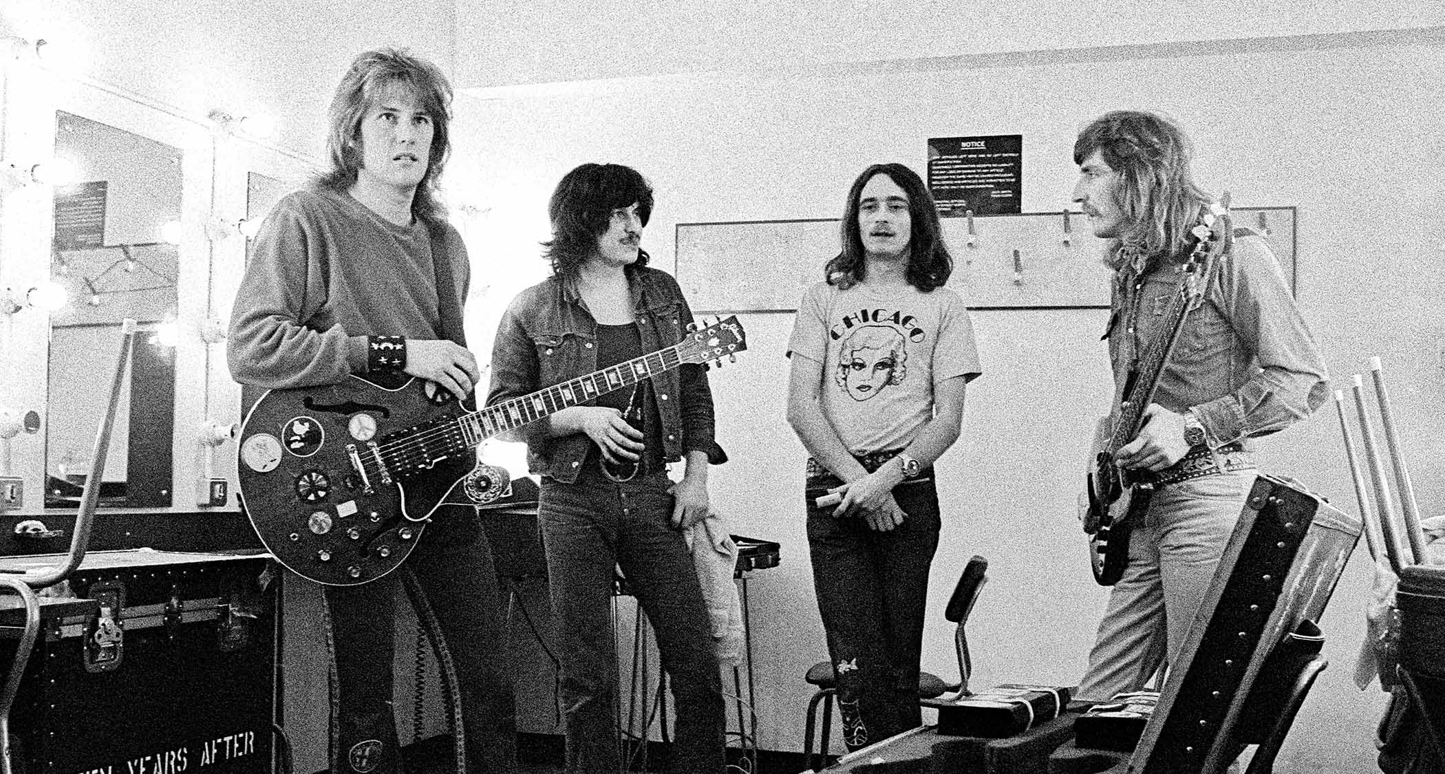 Ten Years After backstage at the Dunstable Civic Centre on 5 April 1973.