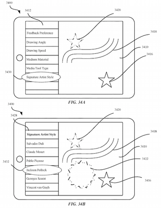 Patent images of an iPad displaying painting style menu options