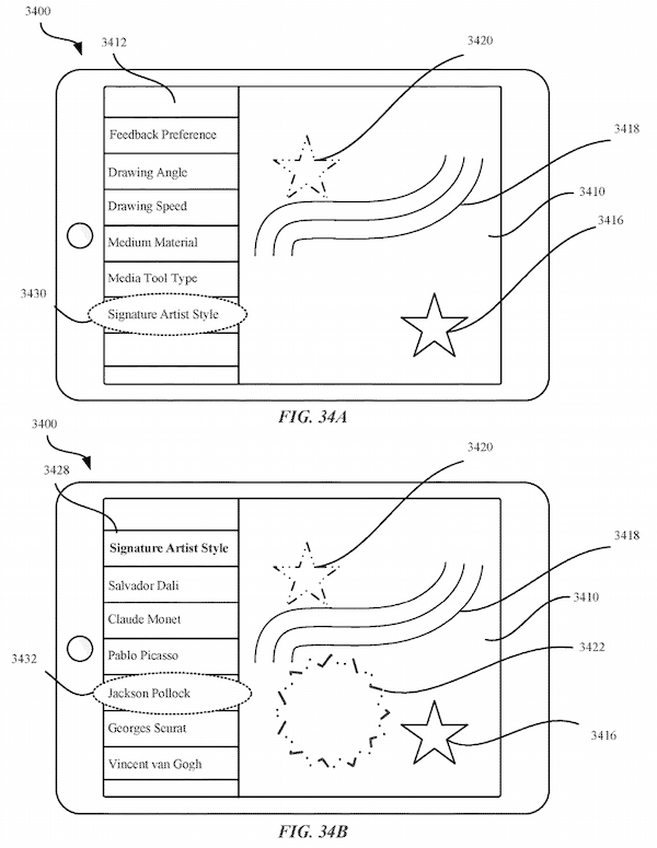 Patent images of an iPad displaying painting style menu options