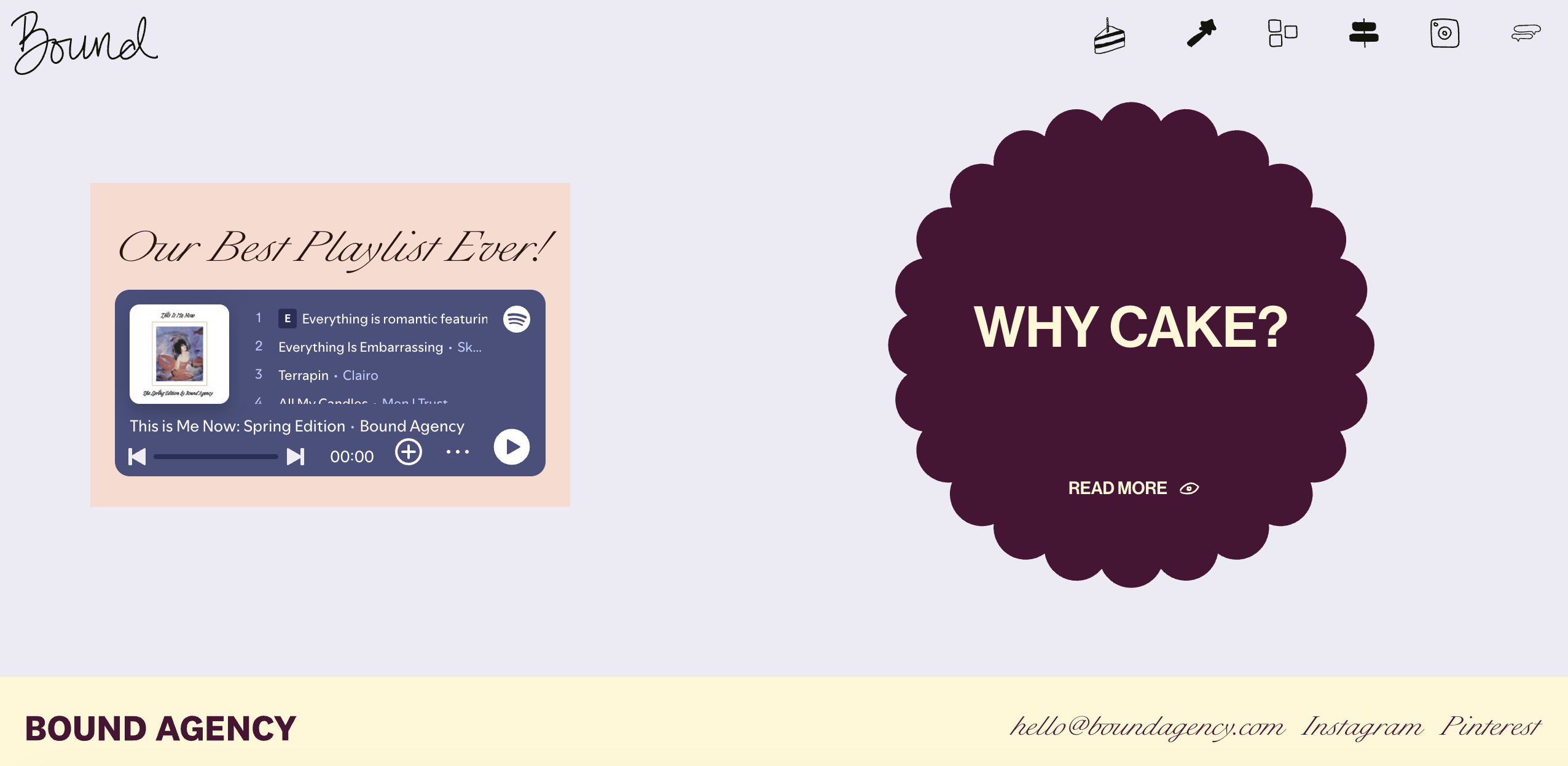 Bound Agency&amp;rsquo;s website showing a Spotify playlist titled &amp;ldquo;Our best playlist ever!&amp;rdquo; alongside a scalloped purple badge asking &amp;ldquo;Why cake?&amp;rdquo;