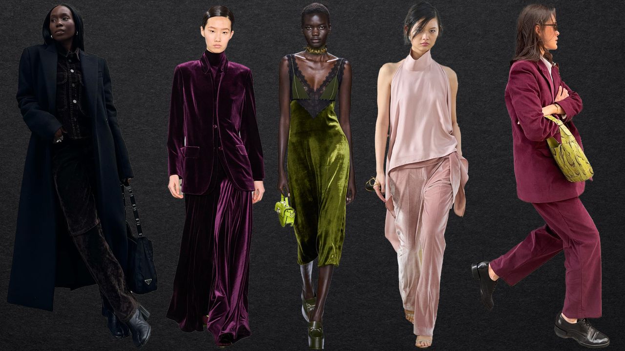 how to wear velvet shown in a collage of runway photos and outfit ideas of women wearing velvet clothing 