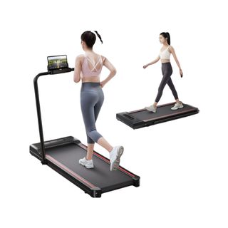 Two images of Sperax Treadmill-Walking Pad with a woman walking and running from different angles.