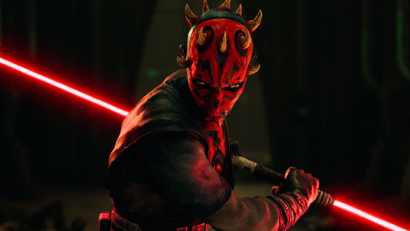 Screenshot from 'Star Wars: Maul &ndash; Shadow Lord' showing Darth Maul with his dual-sided lightsaber.
