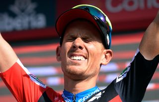 Alessandro De Marchi is overcome with joy on the Vuelta a Espana podium after winning stage 11
