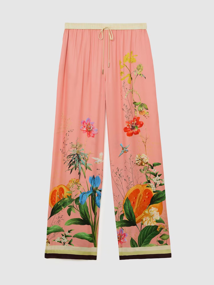 Tropical Scarf-Print Wide-Leg Trousers in Pink