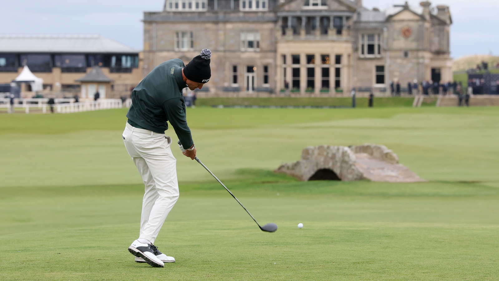 Adrian Meronk hits a driver off the 18th hole at St Andrews