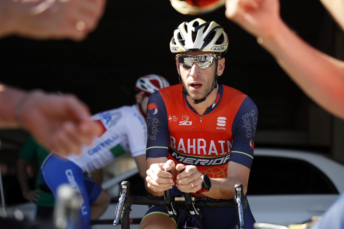 Vincenzo Nibali rests his arms on aero bars ahead of his San Juan training ride