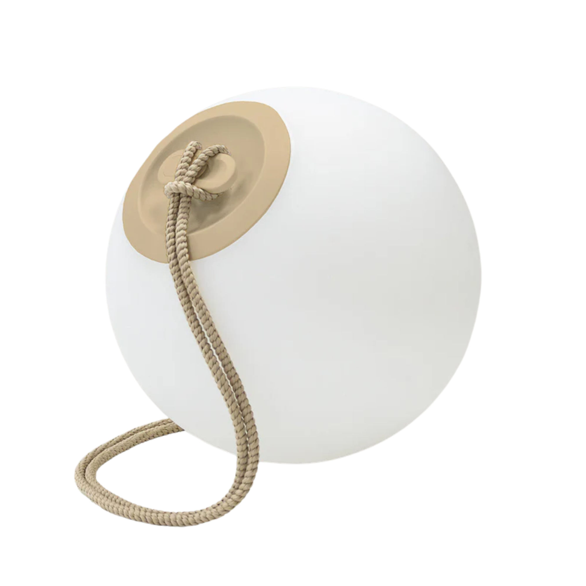 spherical light with a fabric cord attached in beige
