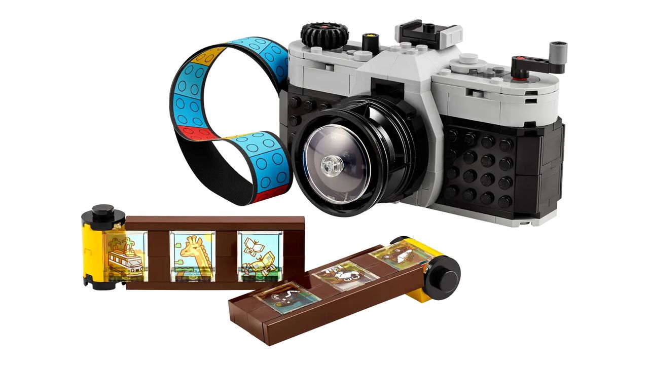 Completed Lego Retro Camera on white background