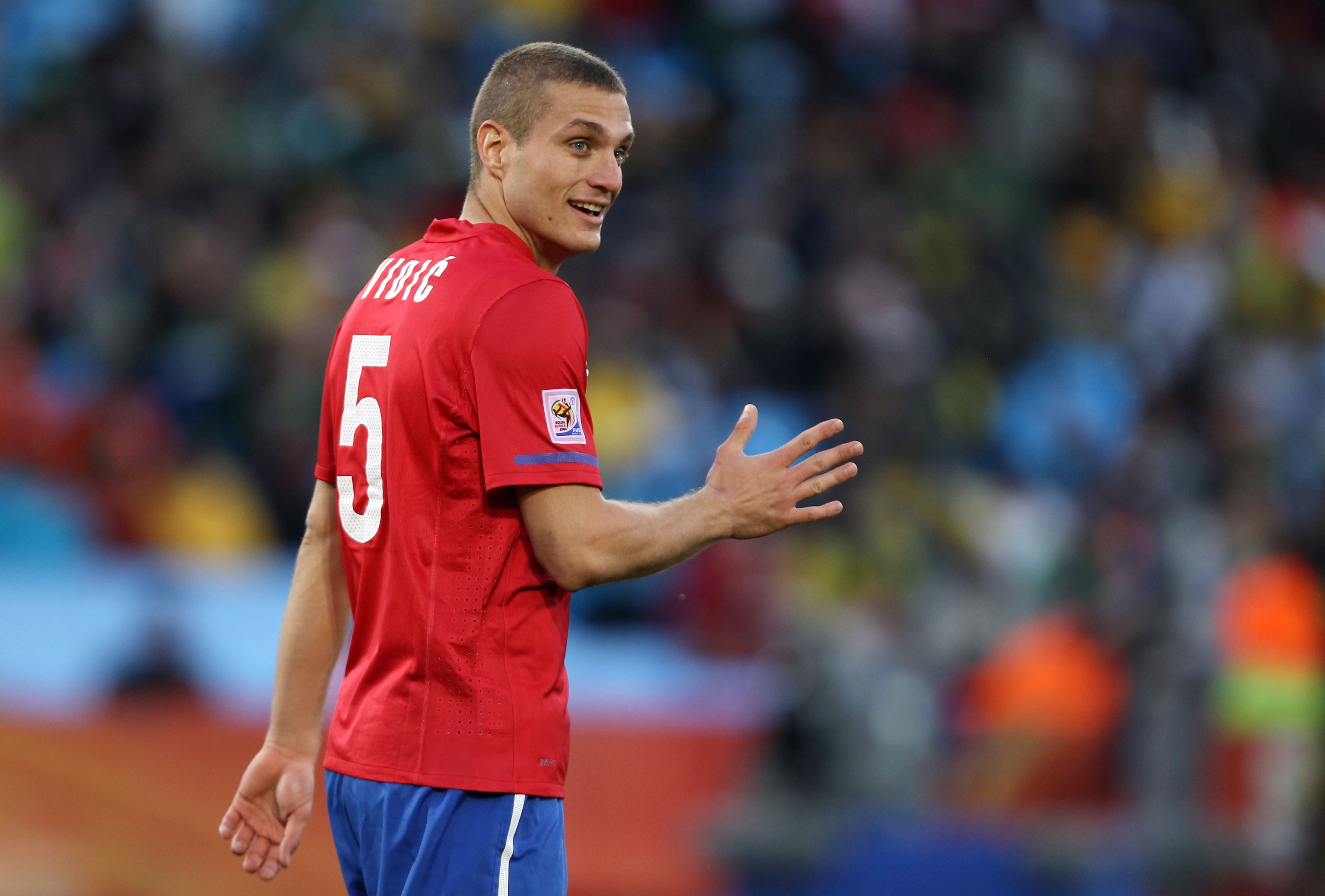 Nemanja Vidic in action for Serbia against Ghana at the 2010 World Cup.