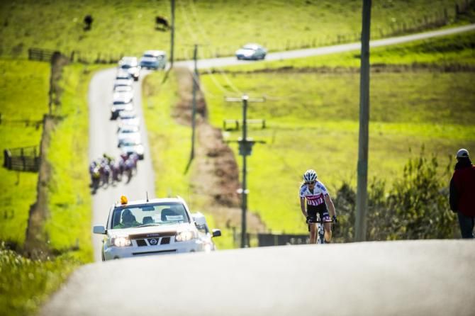 Lisa Antill (Boss Racing) leads during a QOM climb