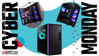 Three gaming PCs on a Cyber Monday background