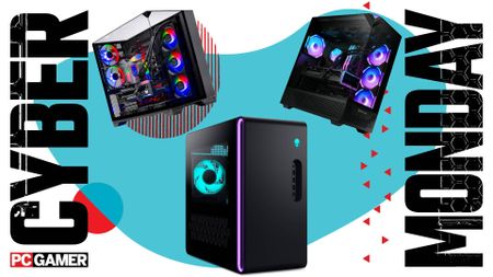 Three gaming PCs on a Cyber Monday background